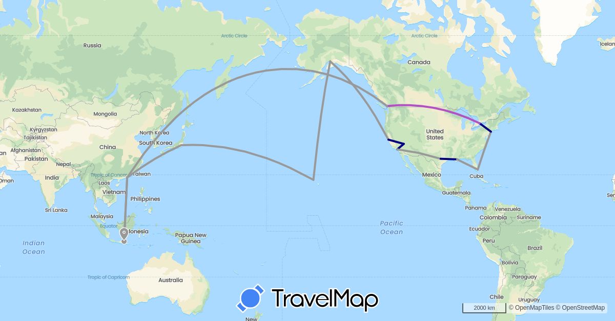 TravelMap itinerary: driving, plane, train in Canada, China, Indonesia, Japan, United States (Asia, North America)