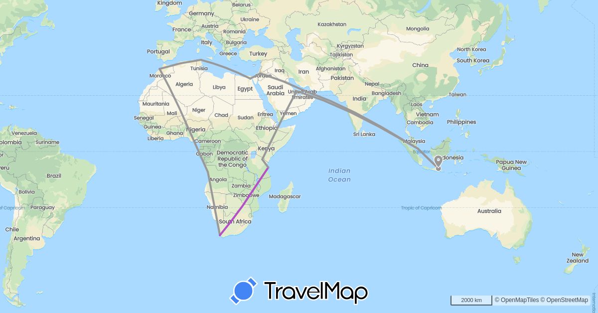 TravelMap itinerary: driving, plane, train in United Arab Emirates, Angola, Egypt, Indonesia, Jordan, Morocco, Qatar, Singapore, Tunisia, Tanzania, South Africa (Africa, Asia)