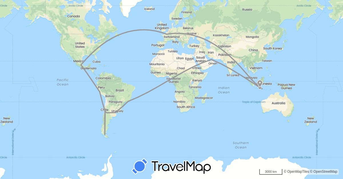 TravelMap itinerary: driving, plane in United Arab Emirates, Argentina, Brazil, Chile, France, Indonesia, Mexico, Peru, Singapore (Asia, Europe, North America, South America)