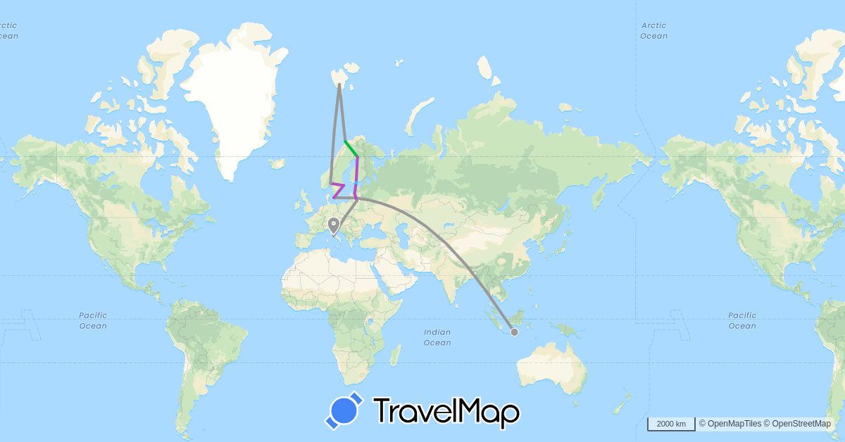 TravelMap itinerary: driving, bus, plane, train, boat in Denmark, Estonia, Finland, Indonesia, Italy, Lithuania, Latvia, Norway, Sweden (Asia, Europe)